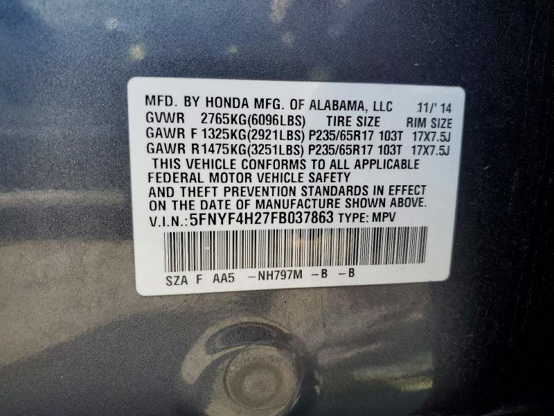 57503536 :رقم المزاد ، 5FNYF4H27FB037863 vin ، 2015 Honda Pilot مزاد بيع