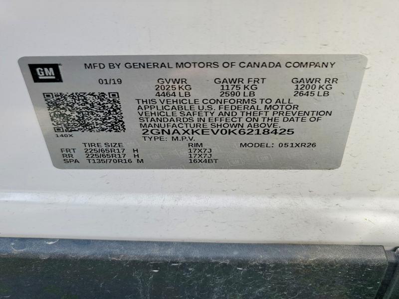 2019 Chevrolet Equinox მანქანა იყიდება აუქციონზე, vin: 2GNAXKEV0K6218425, აუქციონის ნომერი: 57143096