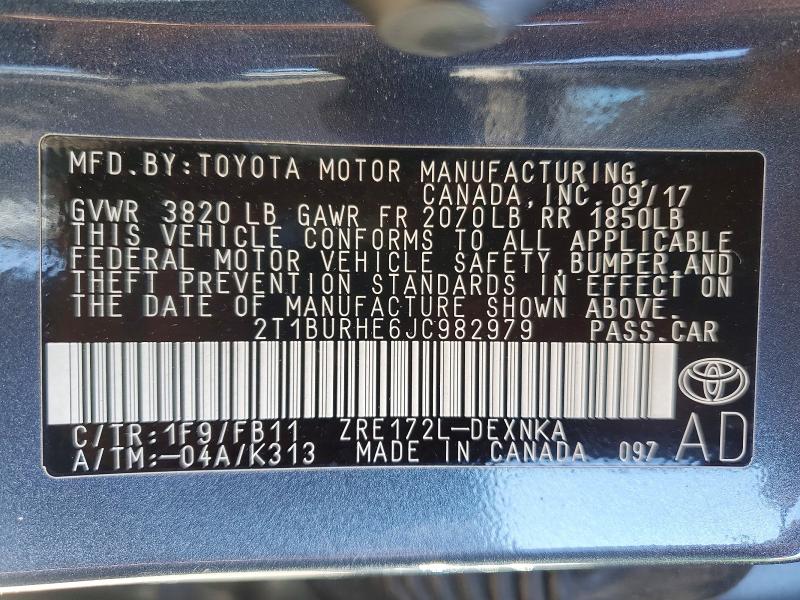 2018 Toyota Corolla მანქანა იყიდება აუქციონზე, vin: 2T1BURHE6JC982979, აუქციონის ნომერი: 56997986