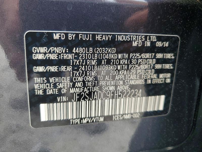 2015 Subaru Forester მანქანა იყიდება აუქციონზე, vin: JF2SJADC9FH522234, აუქციონის ნომერი: 56499446