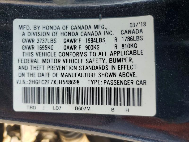 58076726 :رقم المزاد ، 2HGFC2F7XJH548698 vin ، 2018 Honda Civic مزاد بيع