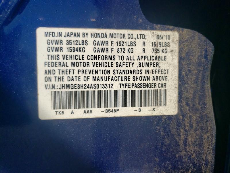 Aukcja sprzedaży 2010 Honda Fit, vin: JHMGE8H24AS013312, numer aukcji: 58723606