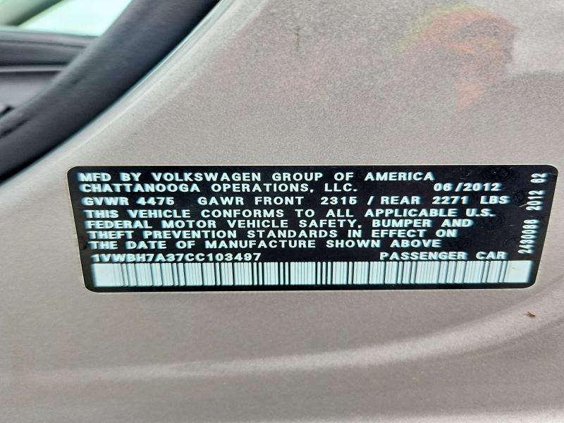 Продаж на аукціоні авто 2012 Volkswagen Passat, vin: 1VWBH7A37CC103497, номер лоту: 57256996