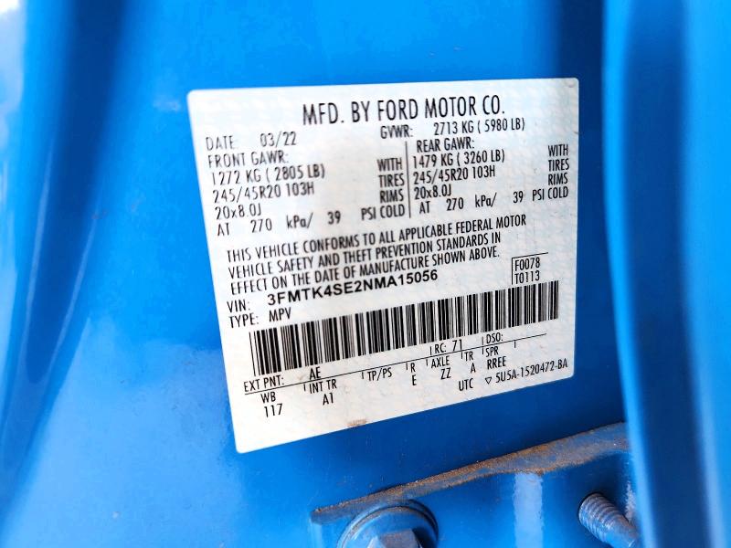 Aukcja sprzedaży 2022 Ford Mustang Mach-e, vin: 3FMTK4SE2NMA15056, numer aukcji: 55776876