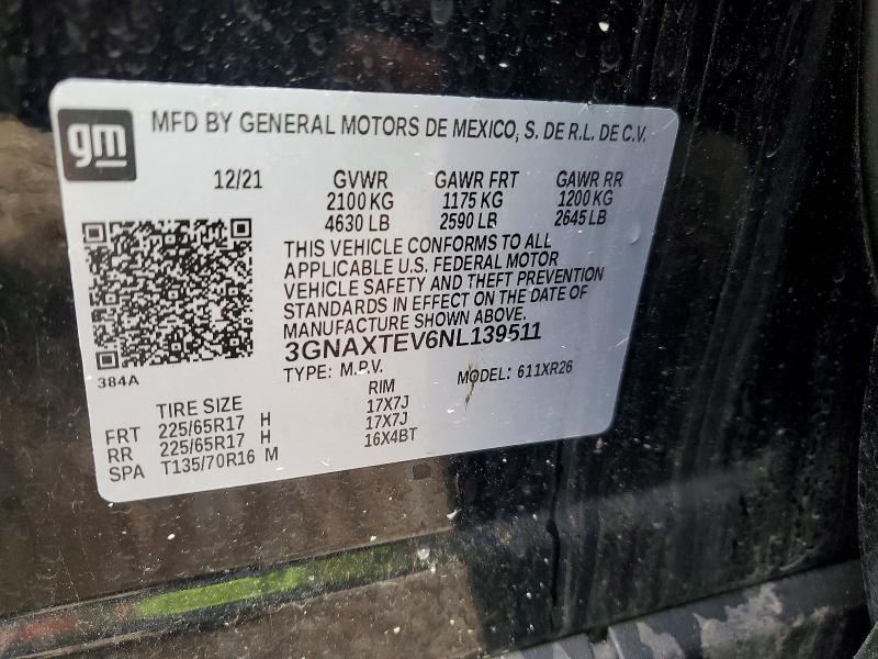 Auction sale of the 2022 Chevrolet Equinox, vin: 3GNAXTEV6NL139511, lot number: 57680026