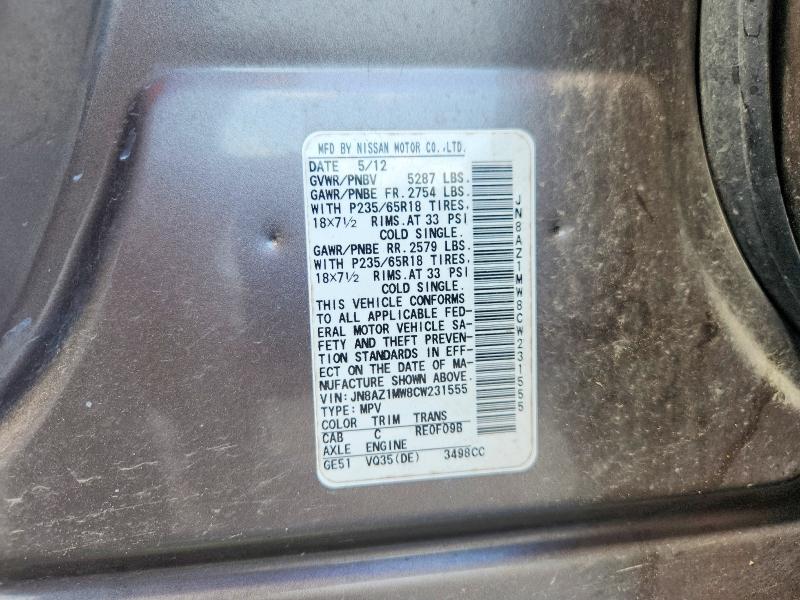 57623446 :رقم المزاد ، JN8AZ1MW8CW231555 vin ، 2012 Nissan Murano مزاد بيع