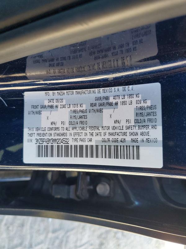 2021 Mazda 3 მანქანა იყიდება აუქციონზე, vin: 3MZBPABM3MM204592, აუქციონის ნომერი: 56790446
