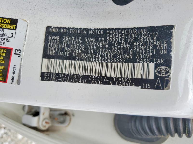 2012 Toyota Corolla მანქანა იყიდება აუქციონზე, vin: 2T1BU4EE8CC825237, აუქციონის ნომერი: 57943786