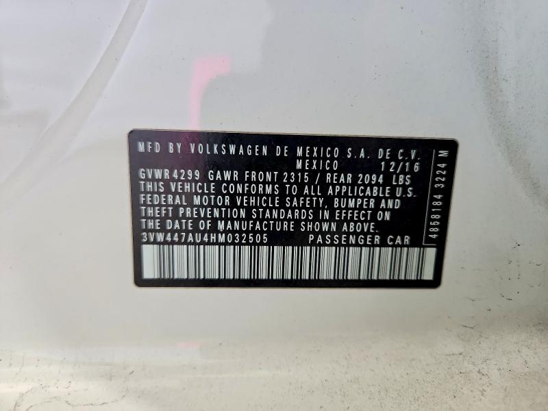 2017 Volkswagen Gti მანქანა იყიდება აუქციონზე, vin: 3VW447AU4HM032505, აუქციონის ნომერი: 58606556