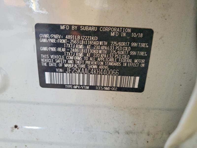 2019 Subaru Forester მანქანა იყიდება აუქციონზე, vin: JF2SKAAC4KH440066, აუქციონის ნომერი: 58271136