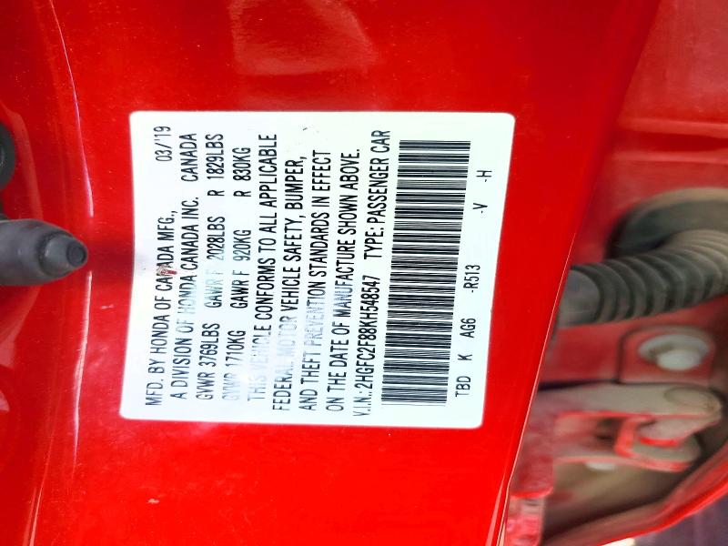 Продажа на аукционе авто 2019 Honda Civic, vin: 2HGFC2F88KH548547, номер лота: 58588186