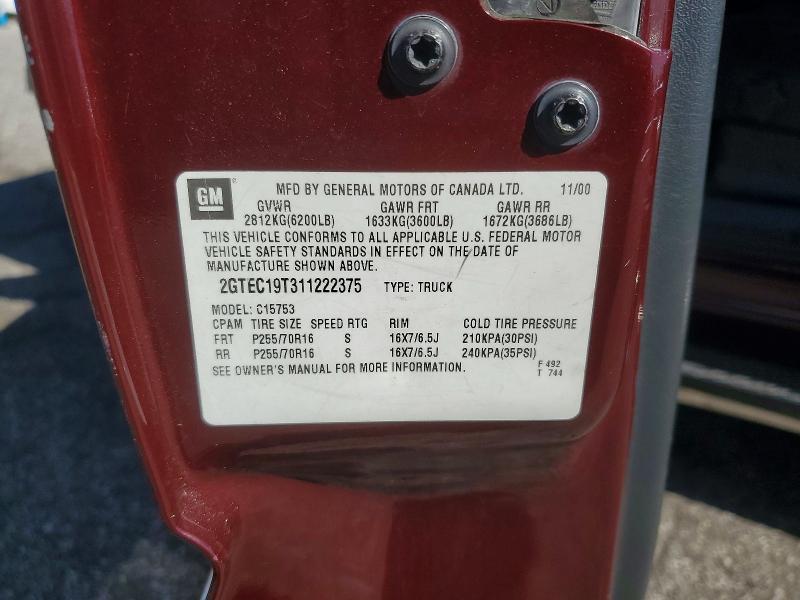 57532966 :رقم المزاد ، 2GTEC19T311222375 vin ، 2001 Gmc Sierra مزاد بيع