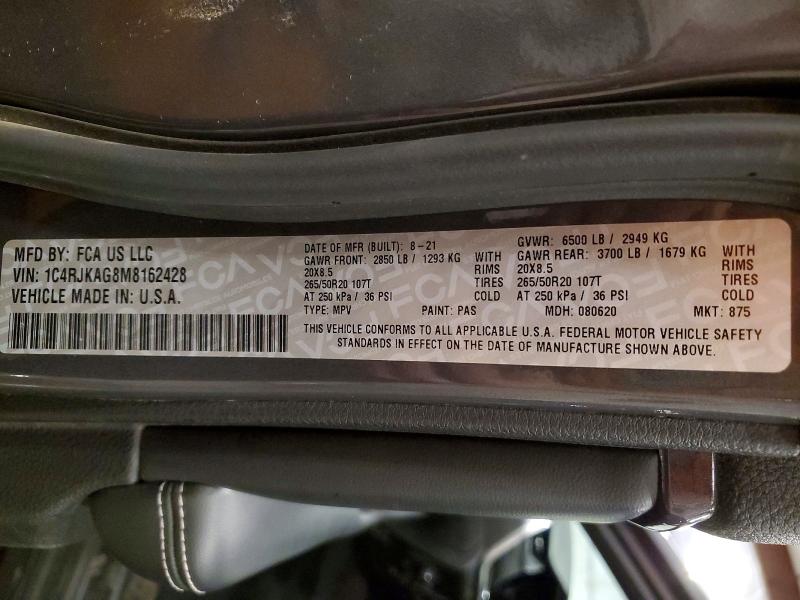 2021 Jeep Grand Cherokee მანქანა იყიდება აუქციონზე, vin: 1C4RJKAG8M8162428, აუქციონის ნომერი: 55722766