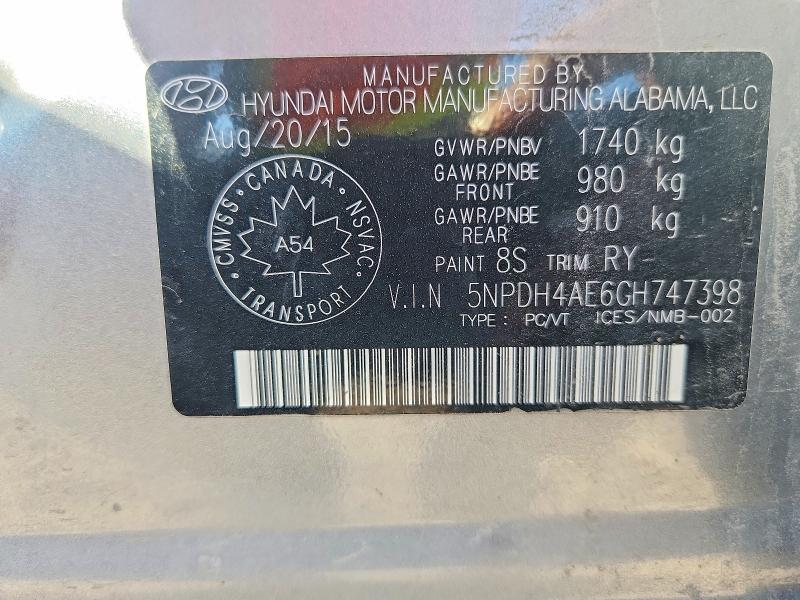 Продажа на аукционе авто 2016 Hyundai Elantra, vin: 5NPDH4AE6GH747398, номер лота: 57325856