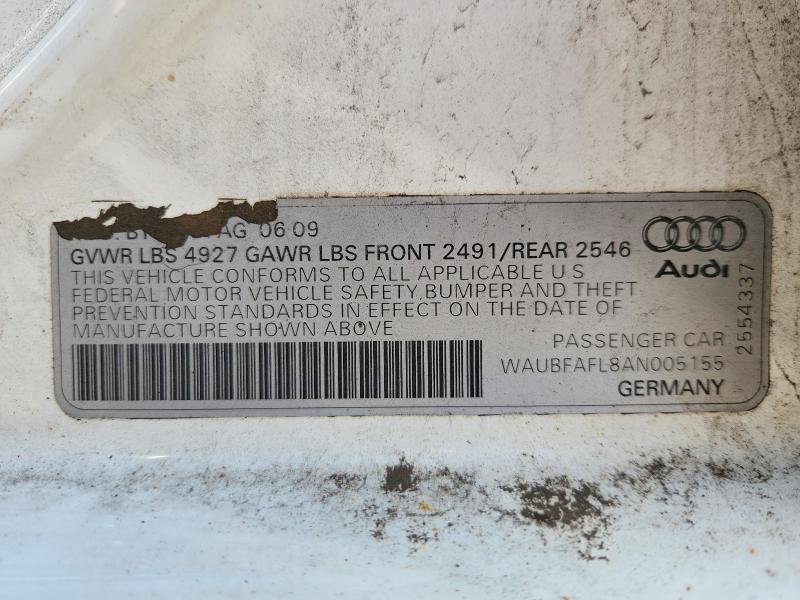 2010 Audi A4 2.0t მანქანა იყიდება აუქციონზე, vin: WAUBFAFL8AN005155, აუქციონის ნომერი: 56966656