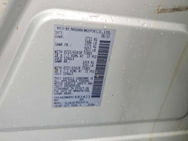 56092606 :رقم المزاد ، 5N1AR2MN9FC681421 vin ، 2015 Nissan Pathfinder مزاد بيع