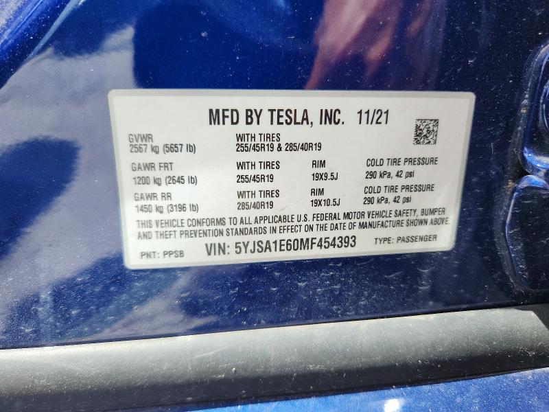 56999946 :رقم المزاد ، 5YJSA1E60MF454393 vin ، 2021 Tesla Model S مزاد بيع