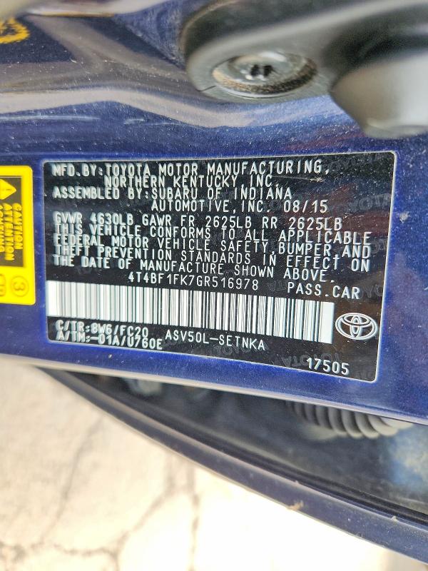 2016 Toyota Camry მანქანა იყიდება აუქციონზე, vin: 4T4BF1FK7GR516978, აუქციონის ნომერი: 58091206