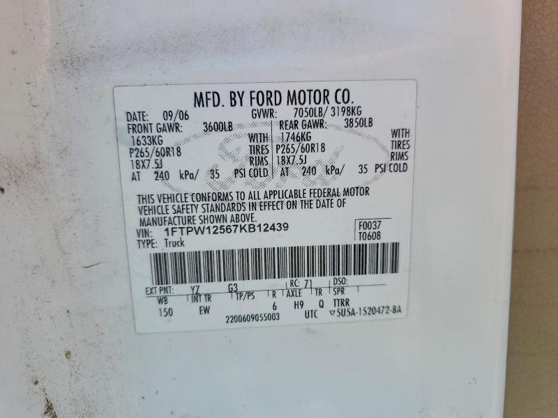 Продаж на аукціоні авто 2007 Ford F150, vin: 1FTPW12567KB12439, номер лоту: 57945936
