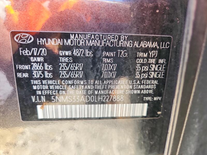 58276346 :رقم المزاد ، 5NMS33AD0LH227888 vin ، 2020 Hyundai Santa Fe مزاد بيع