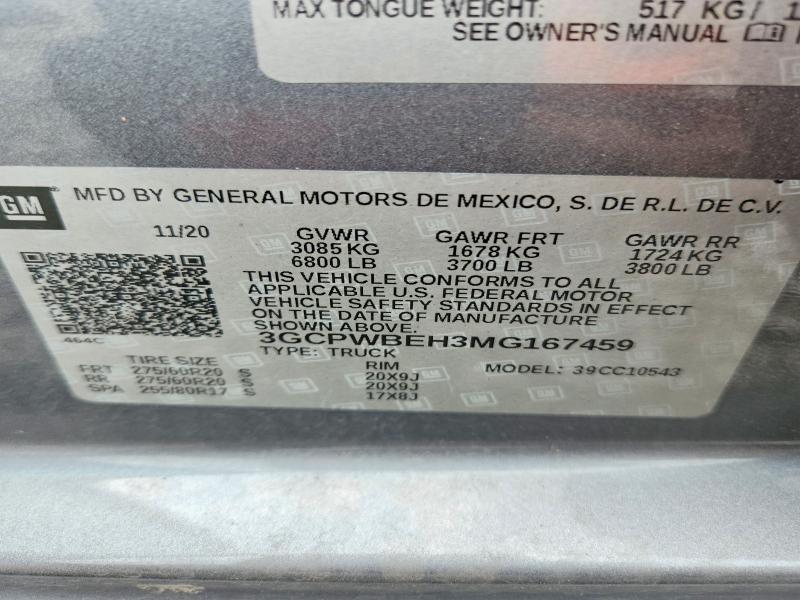 Продаж на аукціоні авто 2021 Chevrolet Silverado, vin: 3GCPWBEH3MG167459, номер лоту: 58575306