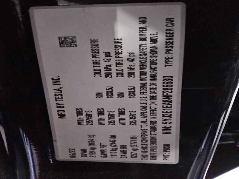 Продажа на аукционе авто 2022 Tesla Model 3, vin: 5YJ3E1EA8NF286680, номер лота: 57024326