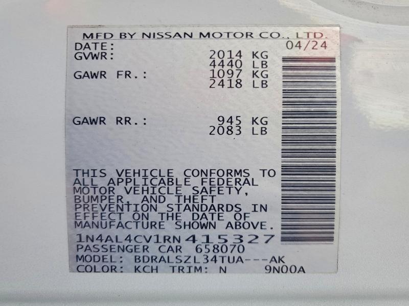 2024 Nissan Altima მანქანა იყიდება აუქციონზე, vin: 1N4AL4CV1RN415327, აუქციონის ნომერი: 56745526
