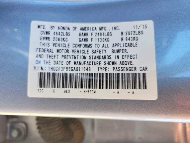 2016 Honda Accord მანქანა იყიდება აუქციონზე, vin: 1HGCR3F96GA011648, აუქციონის ნომერი: 57697696