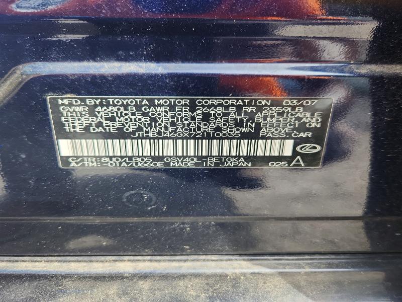 57931166 :رقم المزاد ، JTHBJ46GX72110035 vin ، 2007 Lexus Es مزاد بيع
