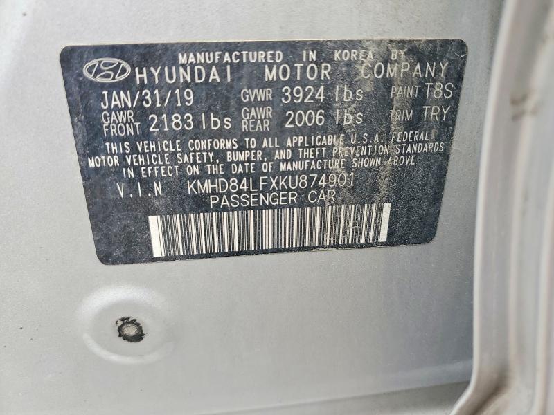 2019 Hyundai Elantra მანქანა იყიდება აუქციონზე, vin: KMHD84LFXKU874901, აუქციონის ნომერი: 56545826