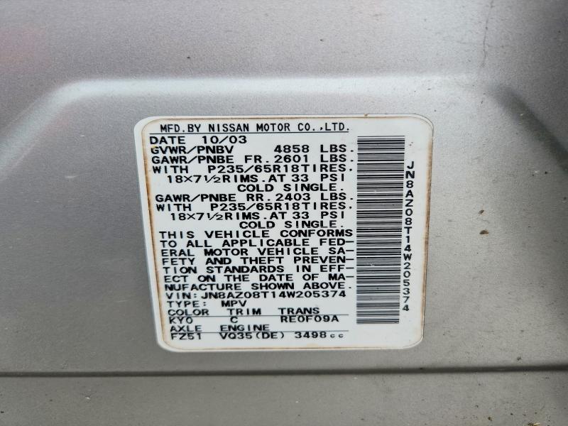 Auction sale of the 2004 Nissan Murano, vin: JN8AZ08T14W205374, lot number: 56519526