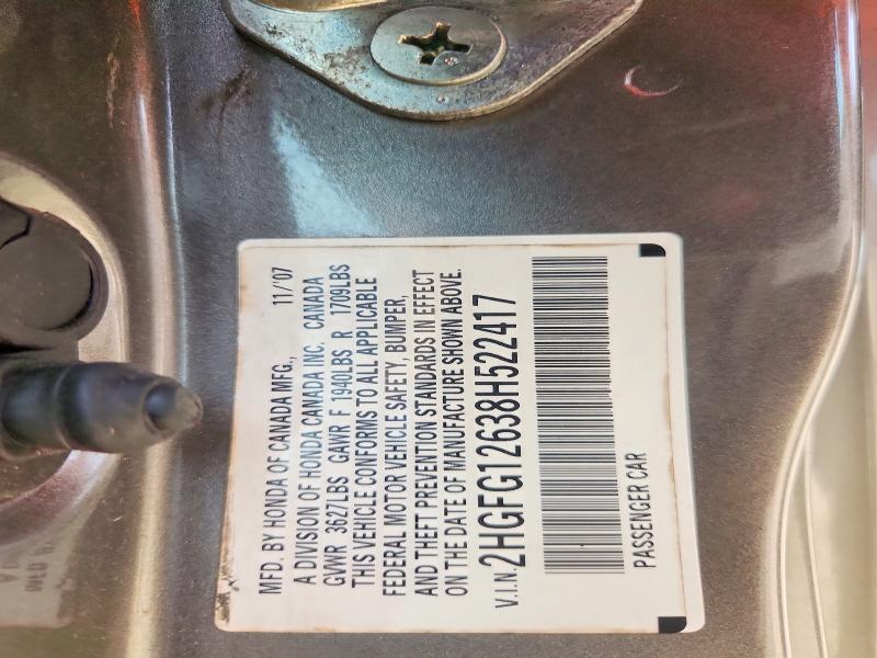 2008 Honda Civic მანქანა იყიდება აუქციონზე, vin: 2HGFG12638H522417, აუქციონის ნომერი: 55757566
