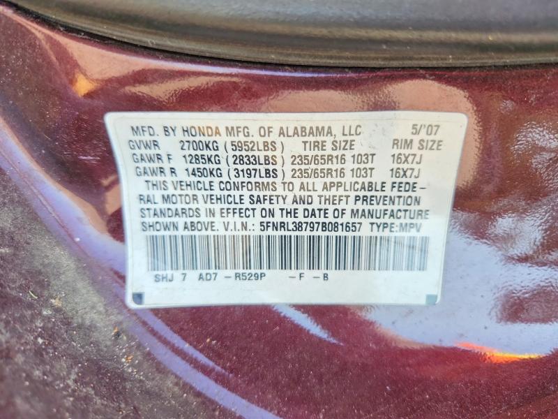 Продаж на аукціоні авто 2007 Honda Odyssey, vin: 5FNRL38797B081657, номер лоту: 58267636