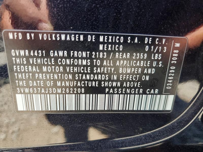 59193196 :رقم المزاد ، 3VW637AJ3DM262208 vin ، 2013 Volkswagon Jetta مزاد بيع