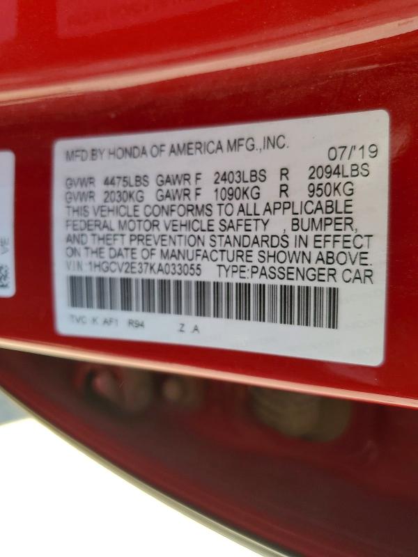 Aukcja sprzedaży 2019 Honda Accord, vin: 1HGCV2E37KA033055, numer aukcji: 56356216