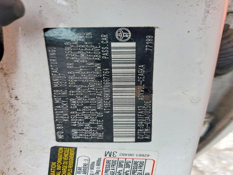 2007 Toyota Camry მანქანა იყიდება აუქციონზე, vin: 4T1BE46KX7U667764, აუქციონის ნომერი: 58265456