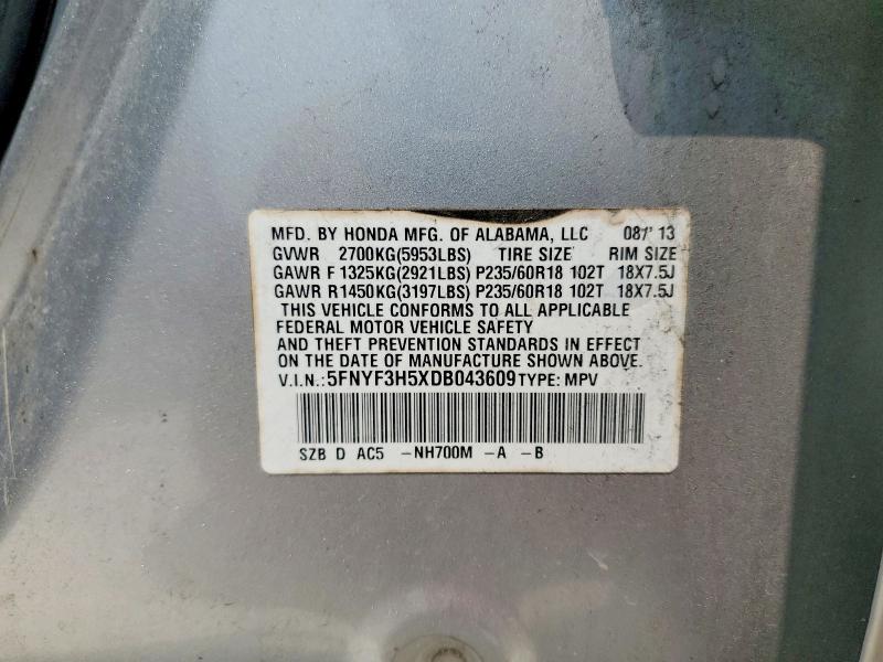 Продажа на аукционе авто 2013 Honda Pilot, vin: 5FNYF3H5XDB043609, номер лота: 58901906
