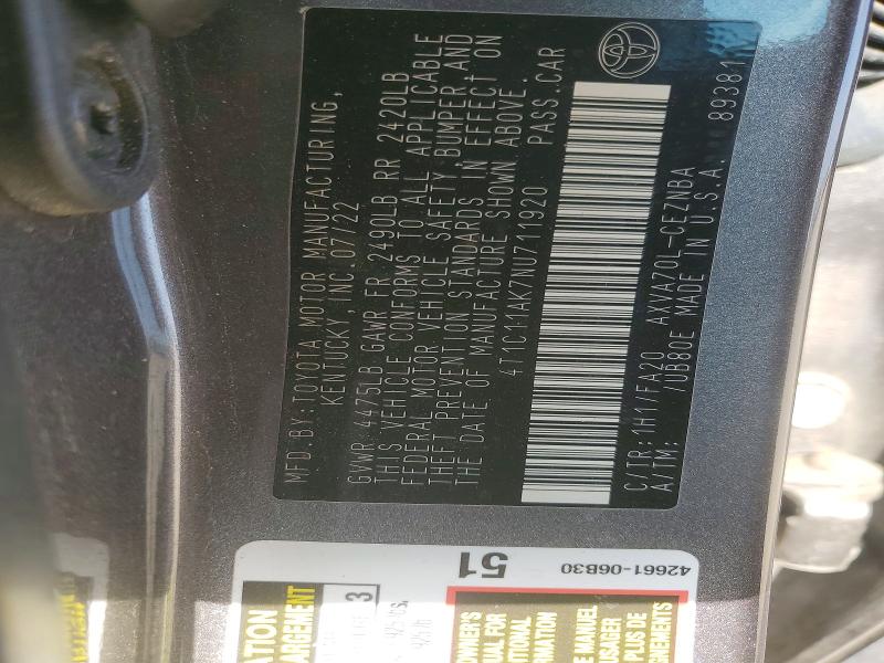 2022 Toyota Camry მანქანა იყიდება აუქციონზე, vin: 4T1C11AK7NU711920, აუქციონის ნომერი: 58067606