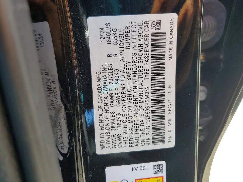 Aukcja sprzedaży 2025 Honda Civic, vin: 2HGFE2F59SH554342, numer aukcji: 58069726