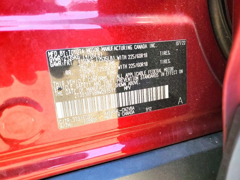 Aukcja sprzedaży 2022 Toyota Rav4, vin: 2T3S1RFV8NW291511, numer aukcji: 55257126