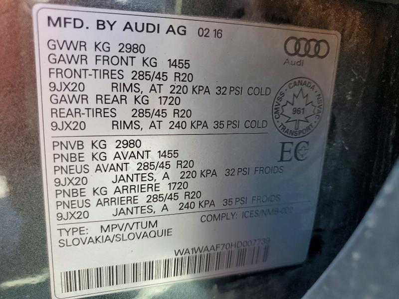 Aukcja sprzedaży 2017 Audi Q7, vin: WA1WAAF70HD007739, numer aukcji: 56517616