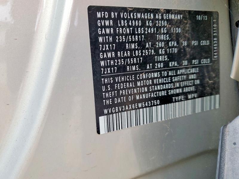 58567206 :رقم المزاد ، WVGBV3AX6EW543750 vin ، 2014 Volkswagen Tiguan مزاد بيع