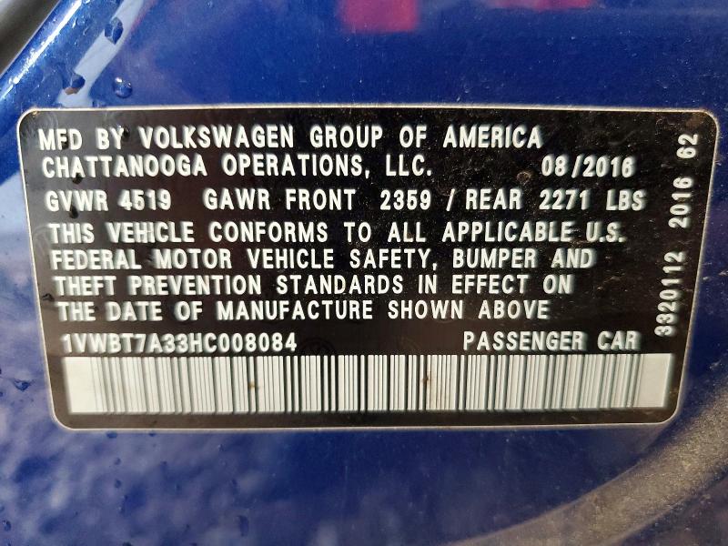 58910816 :رقم المزاد ، 1VWBT7A33HC008084 vin ، 2017 Volkswagen Passat مزاد بيع