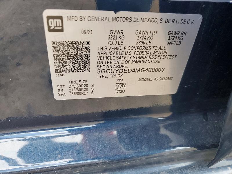 Aukcja sprzedaży 2021 Chevrolet Silverado, vin: 3GCUYDED4MG460003, numer aukcji: 57019266