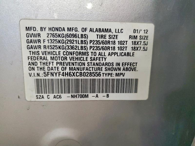 54872306 :رقم المزاد ، 5FNYF4H6XCB028556 vin ، 2012 Honda Pilot مزاد بيع