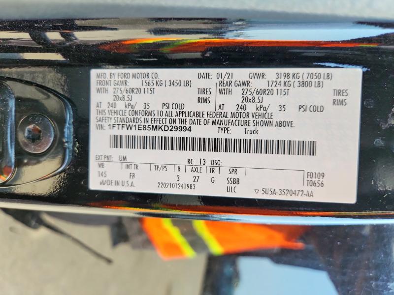 2021 Ford F150 მანქანა იყიდება აუქციონზე, vin: 1FTFW1E85MKD29994, აუქციონის ნომერი: 59580826