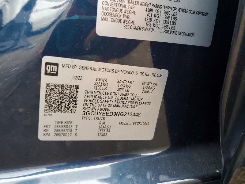 Aukcja sprzedaży 2022 Chevrolet Silverado Ltd, vin: 3GCUYEED9NG212448, numer aukcji: 58437196
