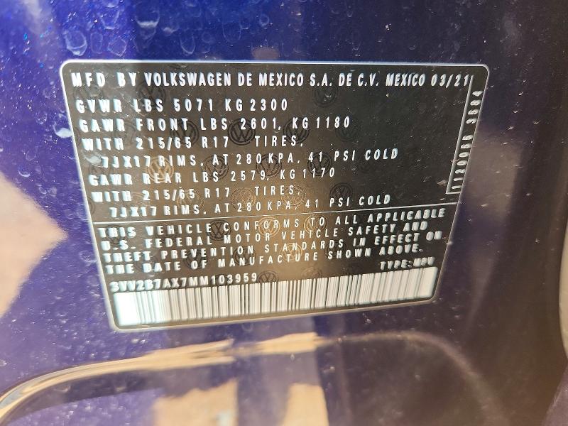 Продажа на аукционе авто 2021 Volkswagen Tiguan, vin: 3VV2B7AX7MM103959, номер лота: 56288366