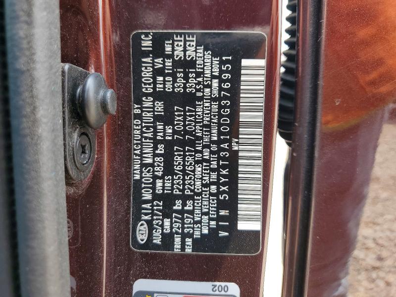 58721666 :رقم المزاد ، 5XYKT3A10DG376951 vin ، 2013 Kia Sorento مزاد بيع