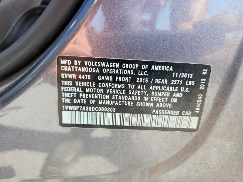 Продажа на аукционе авто 2013 Volkswagen Passat, vin: 1VWBP7A36DC066303, номер лота: 59144836